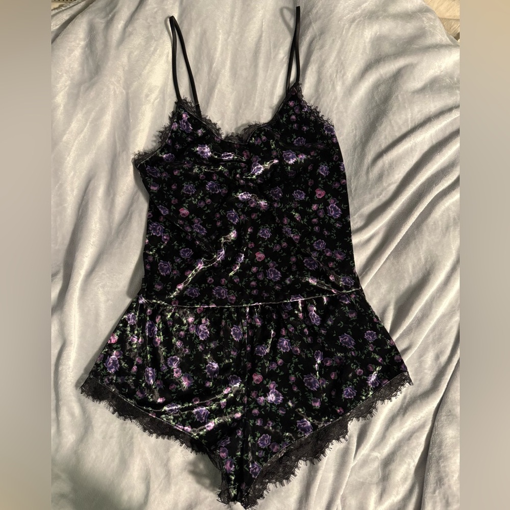 Victoria's Secret Black and Purple Floral Chemise
